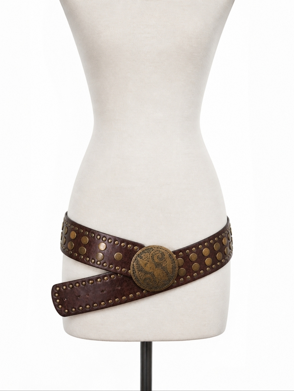 Vintage Wide Leather Studded Belt Women Brown Boho Western Statement Buckle 45"